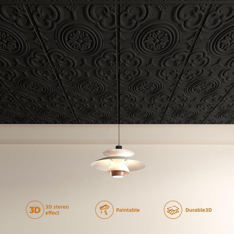 WOWSTAR 12-Pack 24"x24" Drop Ceiling Tiles, Waterproof Glue up Ceiling Panels, Black - Image 5